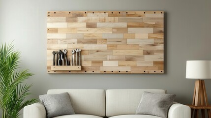 Home organization and storage ideas, A modern living room featuring a wooden wall art piece, a cozy sofa, and a stylish lamp, complemented by a touch of greenery.