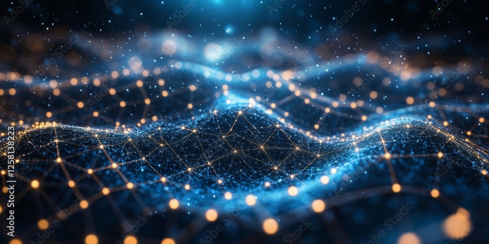 Poster abstract flowing grid with dynamic interconnected nodes on blue, digital art background