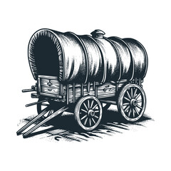 Four-wheeled wooden vehicle. Black white vector illustration.