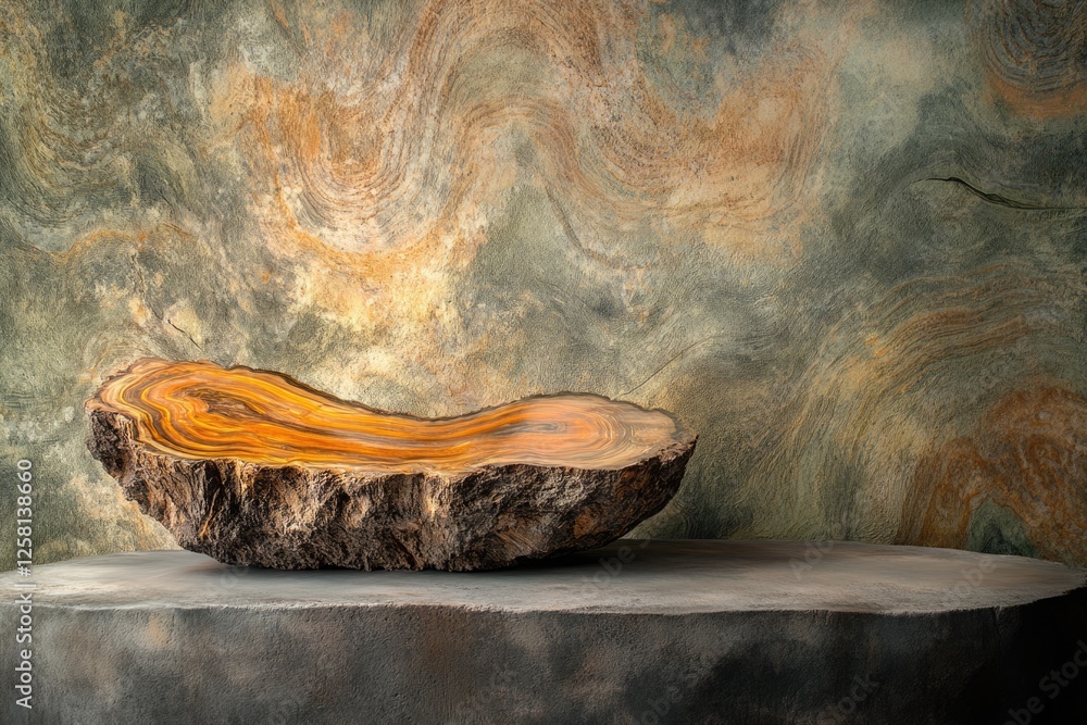 Poster a cross-section of a tree trunk with vibrant wood grain rests on a rustic stone base against a textu