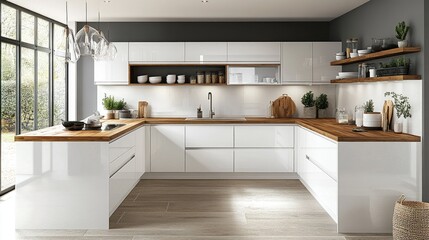 Open-plan Scandinavian kitchen with sleek white cabinets, wooden countertops, and minimal decor
