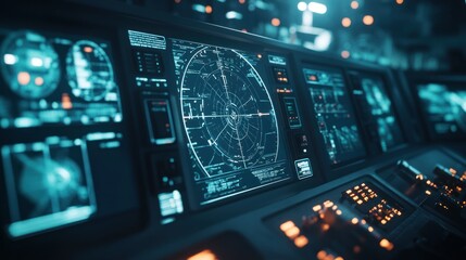 A futuristic naval warship command center, with digital radar interfaces, AI-assisted weapons control, and a high-tech strategic display. High-resolution 4K image.