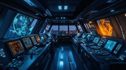 A futuristic naval warship command center, with digital radar interfaces, AI-assisted weapons control, and a high-tech strategic display. High-resolution 4K image.