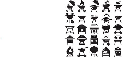 Grill BBQ icon silhouette set. Charcoal grills, Gas grills, and Wood fired grills Vector illustration
