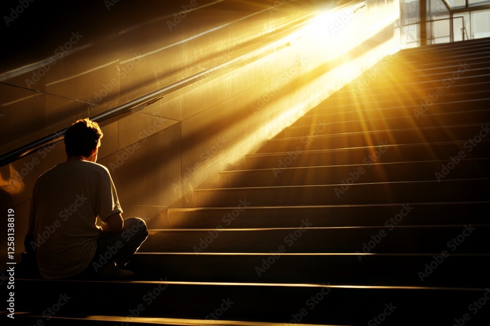 Poster sunlight streams through a stairwell illuminating a person sitting quietly in reflection
