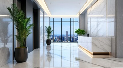 Obraz premium Modern City View Lobby Reception - Elegant lobby design, showcasing a city view, marble reception desk, elevators, and modern plants. Symbolizing success, sophistication, luxury, efficiency