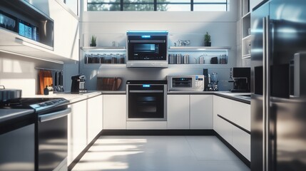 A futuristic smart kitchen with touchless appliances, featuring a voice-controlled oven, smart refrigerator, and automated coffee dispenser, with sunlight reflecting off sleek surfaces.