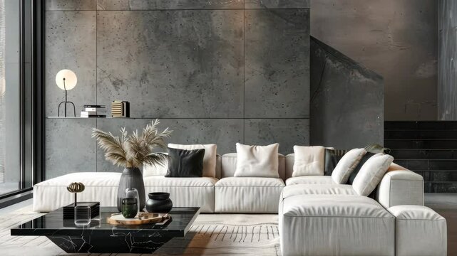 Discover a modern living room showcasing elegant furnishings, minimal decor, and a harmonious color palette in a stylish setting