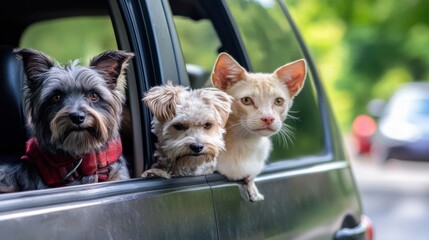 Featuring pets in adventurous, road trip settings, emphasizing fun and exploratory moments. Ideal for travel-themed social media posts and pet blogs. Detailed view of pets in cars.