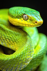 Obraz premium Green and yellow snake with scales visible, close-up image.