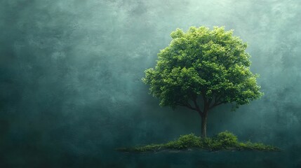 Majestic Green Tree Against a Gradient Background of Misty Shades