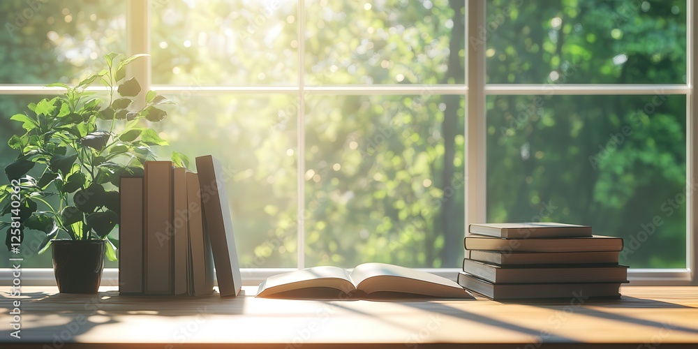 Poster a minimalist reading table placed by a large window, with the soft afternoon sunlight highlighting t