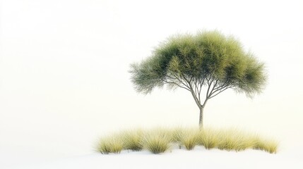 Fototapeta premium An isolated tree with minimalistic landscape background, rendered in a grayscale, stylized, digital art illustration.