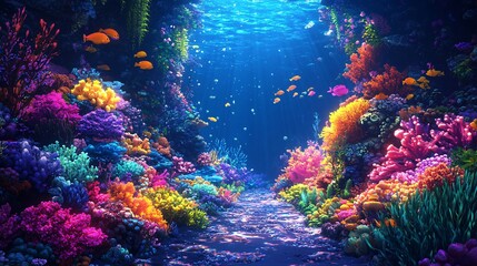 Fototapeta premium A cartoon-style coral reef filled with bright, glowing plants and multicolored sea creatures