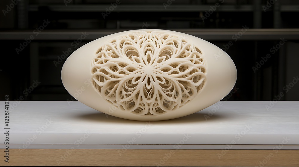 Poster intricate pattern carved into ellipsoid form on a smooth surface decorative art object display