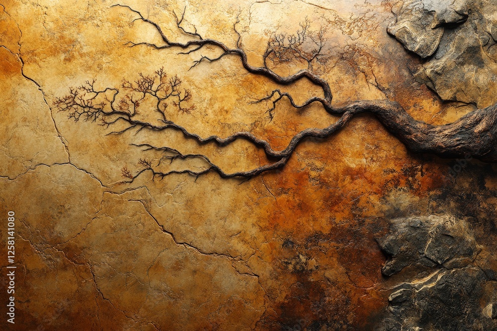 Poster intricate artwork depicting a gnarled tree branch against a textured brown background in a subtle pl