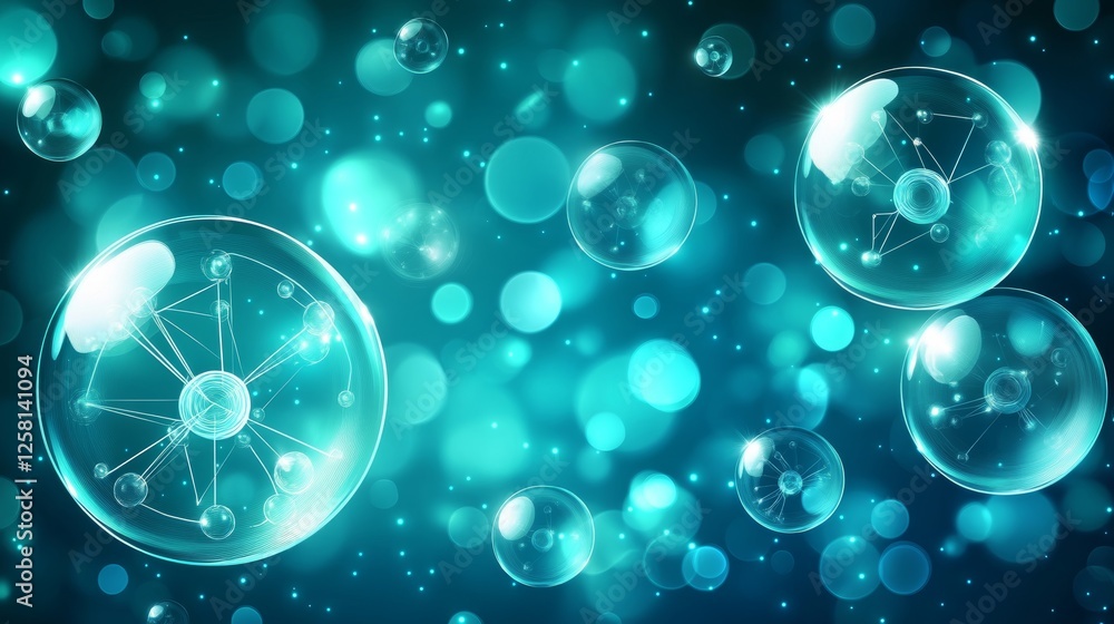 Poster blue network of interconnected nodes, vibrant abstract technology background with bokeh effect