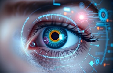 Human eye with a futuristic AI interface scanning data in real time