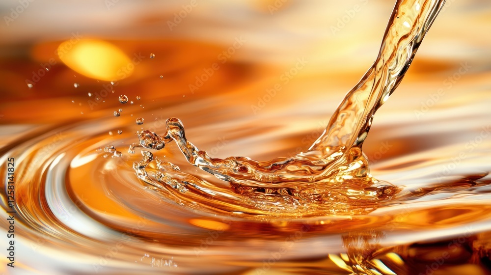 Poster closeup of liquid pouring into a rippling surface, creating splashes and reflections of warm golden 