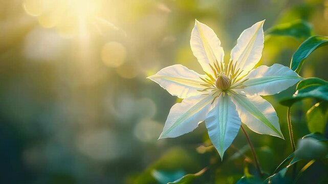 Close-up of a vibrant, white clematis flower with star-shaped petals, bathed in warm sunlight.  The flower is in sharp focus, while the background is a soft, bokeh effect of out-of-focus greenery