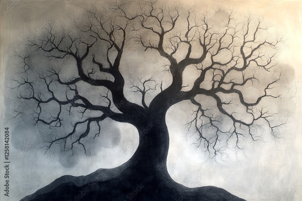 Poster intricate artistic representation of a bare tree silhouette against a textured background