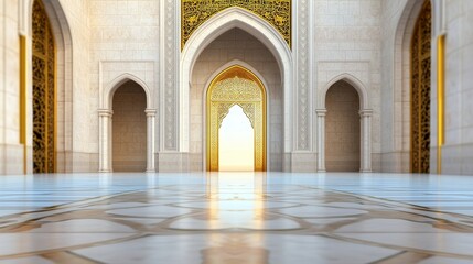 Obraz premium Golden Archway Islamic Mosque Interior - Serene Islamic architecture, featuring a golden mihrab, ornate arches, and a reflective marble floor. Symbolizing peace, spirituality, faith, beauty