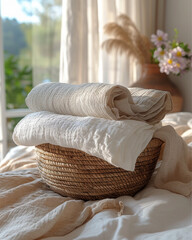 Minimalist and elegant aesthetic, a woven wicker basket filled with soft, high-quality linen and cotton fabrics in off-white, and warm beige