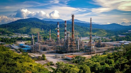 A high-resolution 4K panoramic shot showcasing an oil refinery with a clean and organized structure, blending harmoniously with surrounding nature.