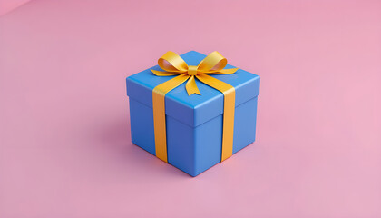Obraz premium A vibrant blue gift box with a golden ribbon on a pink background.