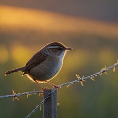 A tiny wren perched on a barbed wire fence at sunrise.