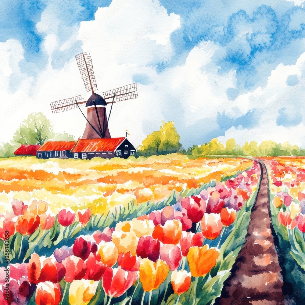 Poster Colorful tulip fields under a bright sky with a traditional windmill in the background during vibrant spring time. Generative AI