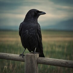 A crow sitting on a fencepost, staring into the distance.