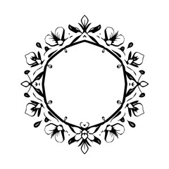 Floral, symmetrical, black and white decorative wreath with open flowers and leaves.