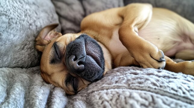 A hilarious 4K image of a German Boxer dog puppy sleeping upside down on a cozy couch, one eye slightly open in a funny and derpy expression.