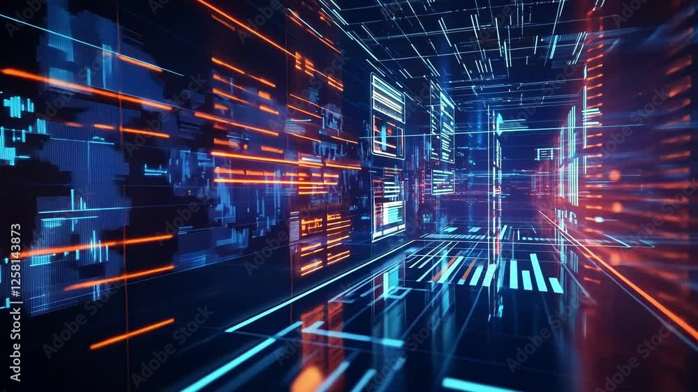 Poster complex algorithms and data streams are visualized in a vibrant, three dimensional cyberspace enviro