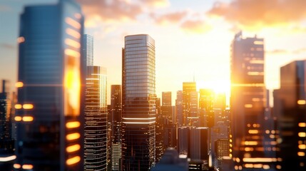 Obraz premium Modern City Skyline at Sunset with Glowing Buildings and Warm Light