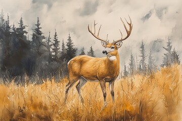 Fototapeta premium Majestic buck standing tall in a golden field surrounded by dense forest under an overcast sky
