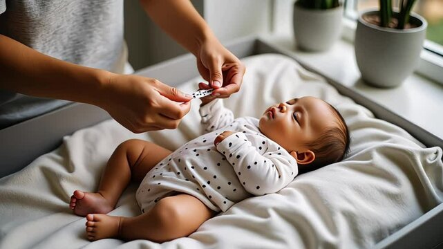 Mother changing clothes of baby at home