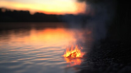 Sunset bonfire on riverbank, calm water reflects flames, nature scene