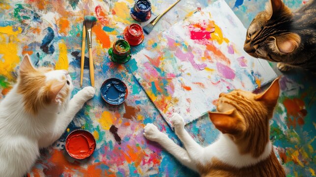 Pets with art supplies, featuring playful and creative interactions. Emphasizing pets with art. Ideal for art-themed social media posts and pet blogs.