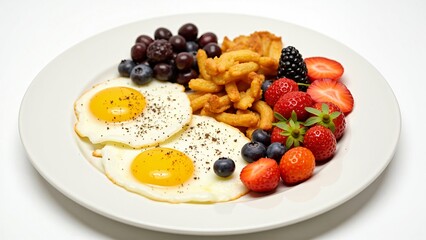 Delicious and Healthy Breakfast Plate with Fried Eggs, Berries, and Fried Potatoes