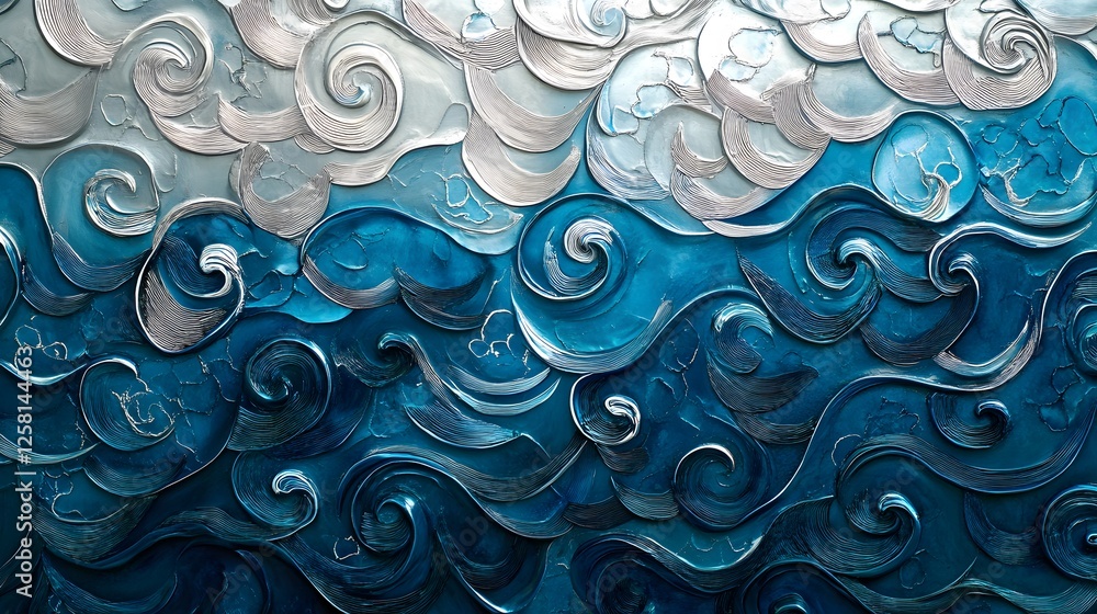 Poster vibrant abstract waves, textured blue and silver patterns creating a sense of movement and tranquili
