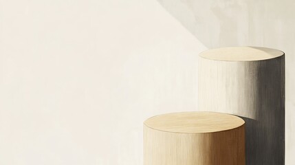 Elegant wooden cylinders softly lit minimalist product display. AI Generated