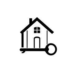 House silhouette with key, black and white, isolated on white background.