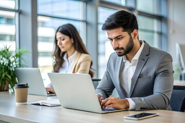 Fototapeta premium Ambitious young female entrepreneur from Asia, working on her laptop in a sleek urban office.