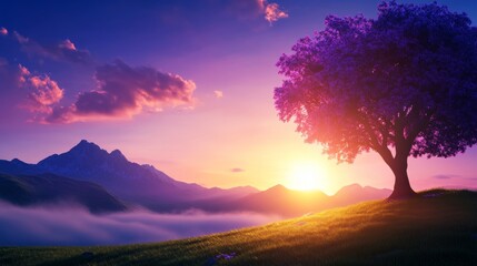 Serene Sunset Landscape - A majestic purple tree stands silhouetted against a vibrant sunset over a misty mountain range. Peaceful and idyllic scene
