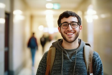 Obraz premium Student with glasses walking down corridor at school, smiling brightly.
