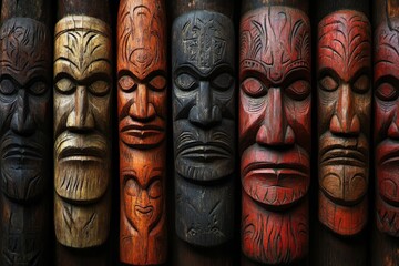 Intricately carved wooden masks displayed in a vibrant collection reflecting cultural artistry and craftsmanship