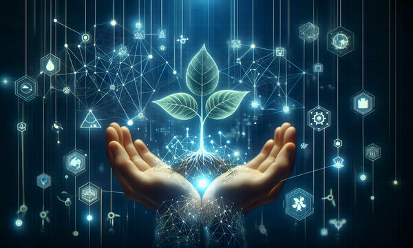 Planung der Natur, eine Hand h&auml;lt eine lebendige Pflanze, durch den ein digitales Netzwerk scheint. Verschmelzung und Symbol von Technologie und &Ouml;kologie f&uuml;r eine nachhaltige Zukunft