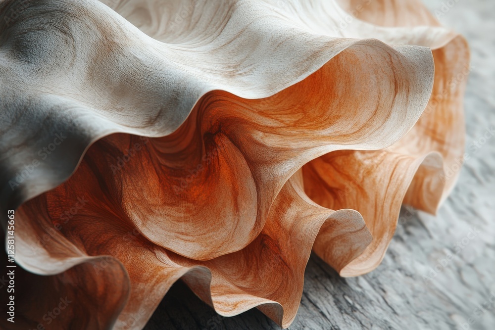 Poster ruffled fabric with intricate patterns in warm tones placed on a wooden surface